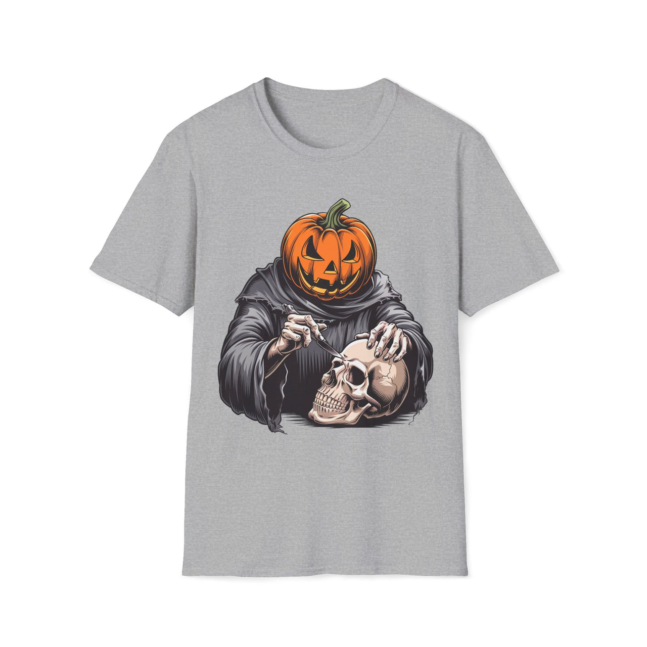 Macabre Threads Sport Grey Pumpkin Head T-Shirt – Creepy Halloween Skull Tee