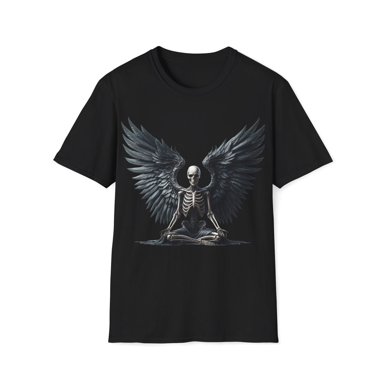 Macabre Threads Black Meditative Grace T-Shirt – Skeleton Angel with Wings Design