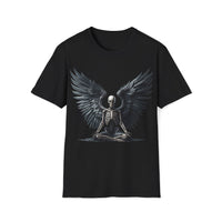 Macabre Threads Black Meditative Grace T-Shirt – Skeleton Angel with Wings Design