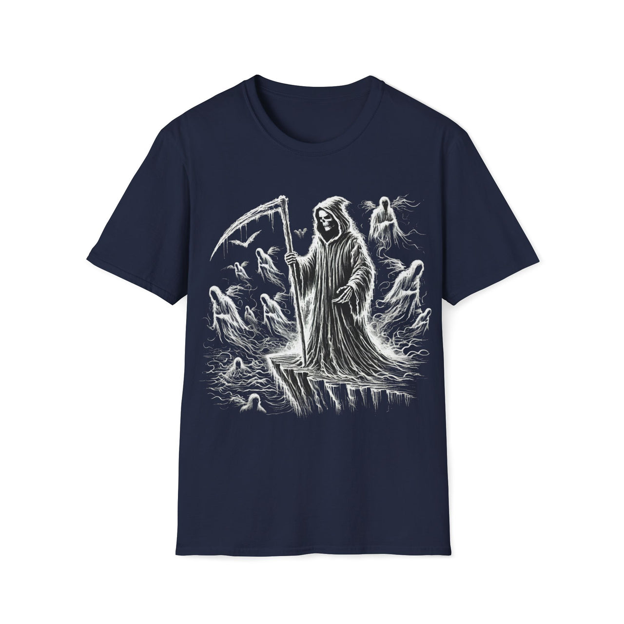 Macabre Threads Navy Abyss Beckons – Grim Reaper Cliffside T-Shirt