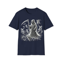Macabre Threads Navy Abyss Beckons – Grim Reaper Cliffside T-Shirt