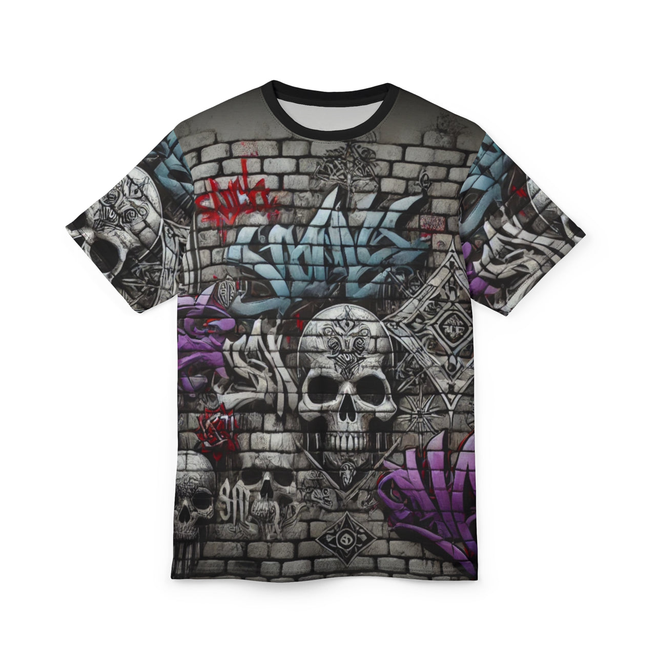 Macabre Threads Black stitching Graffiti Requiem All-Over Print T-Shirt – Urban Gothic Street Art Tee