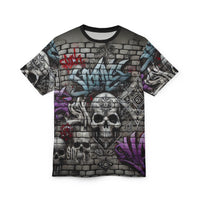Macabre Threads Black stitching Graffiti Requiem All-Over Print T-Shirt – Urban Gothic Street Art Tee