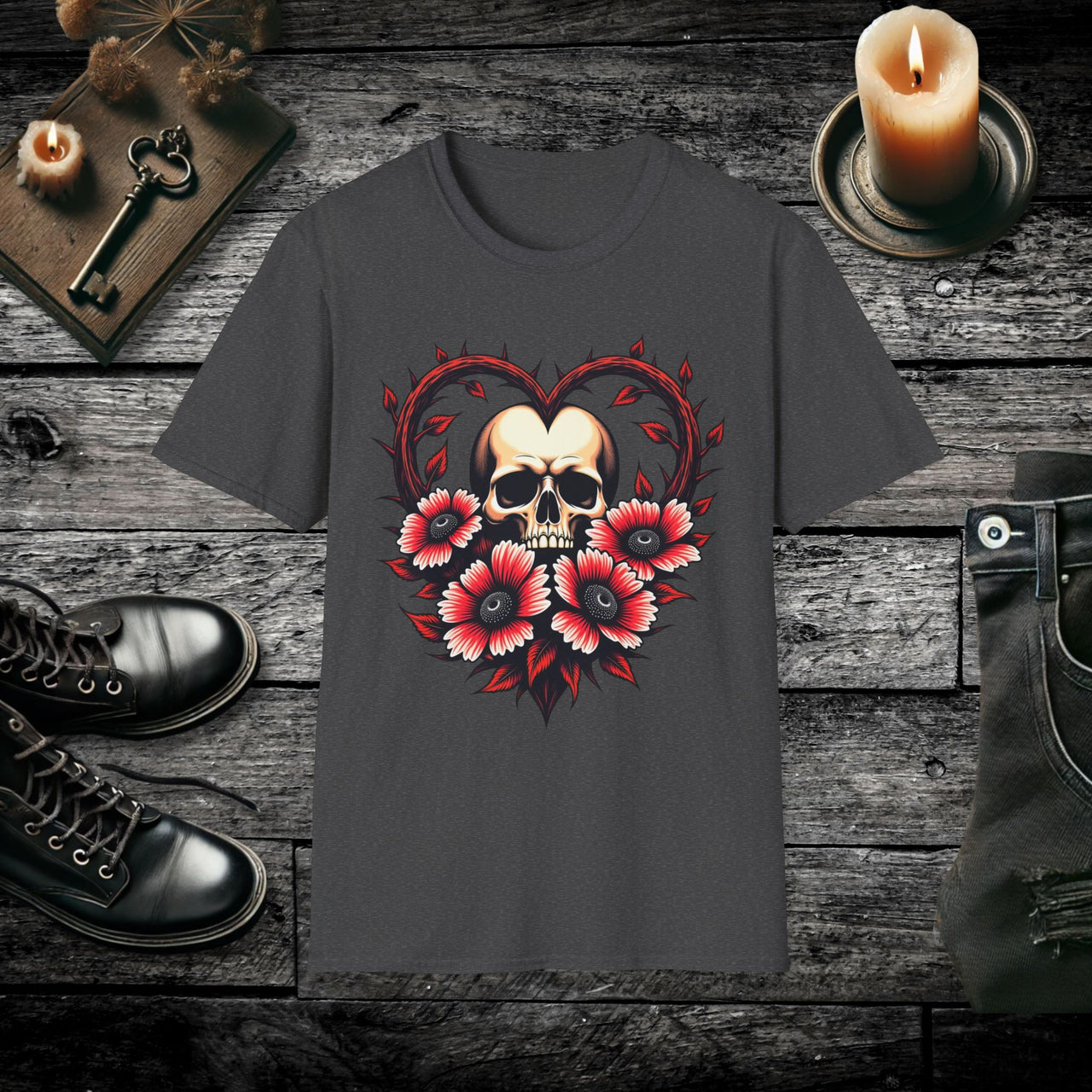 Gothic Bloom Romantic Skull T Shirt – Dark Floral Gothic Tee