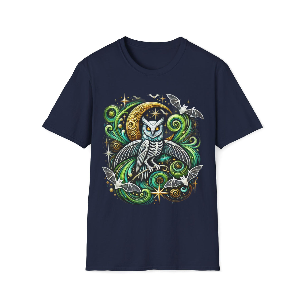 Macabre Threads Navy Nocturnal Sovereign – Gothic Moon Owl T-Shirt