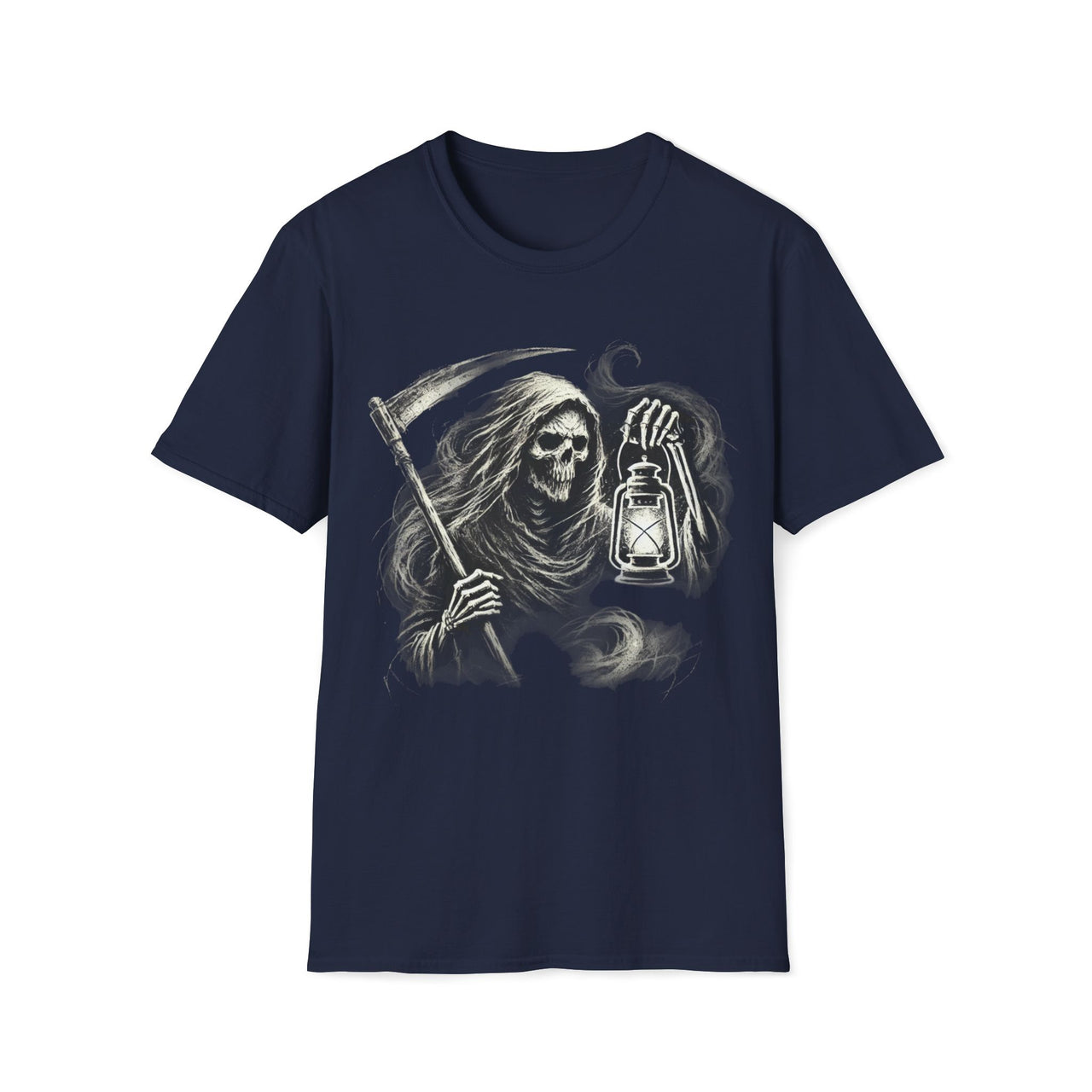 Macabre Threads Navy Lantern of Dread – Grim Reaper T-Shirt With Lantern