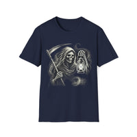 Macabre Threads Navy Lantern of Dread – Grim Reaper T-Shirt With Lantern
