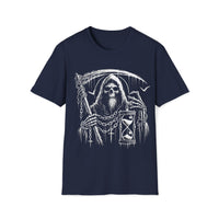Macabre Threads Navy Abyss Walker – Grim Reaper Hourglass T-Shirt
