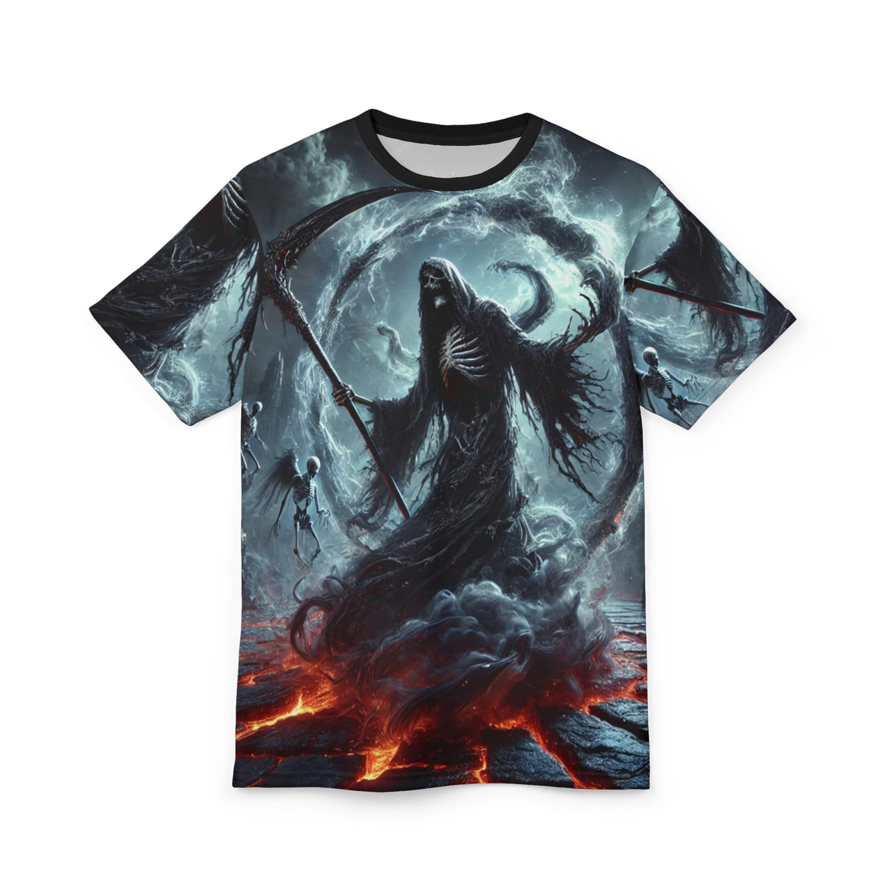 Macabre Threads Black stitching Eternal Abyss All-Over Print T-Shirt – Grim Reaper Void Scythe Tee