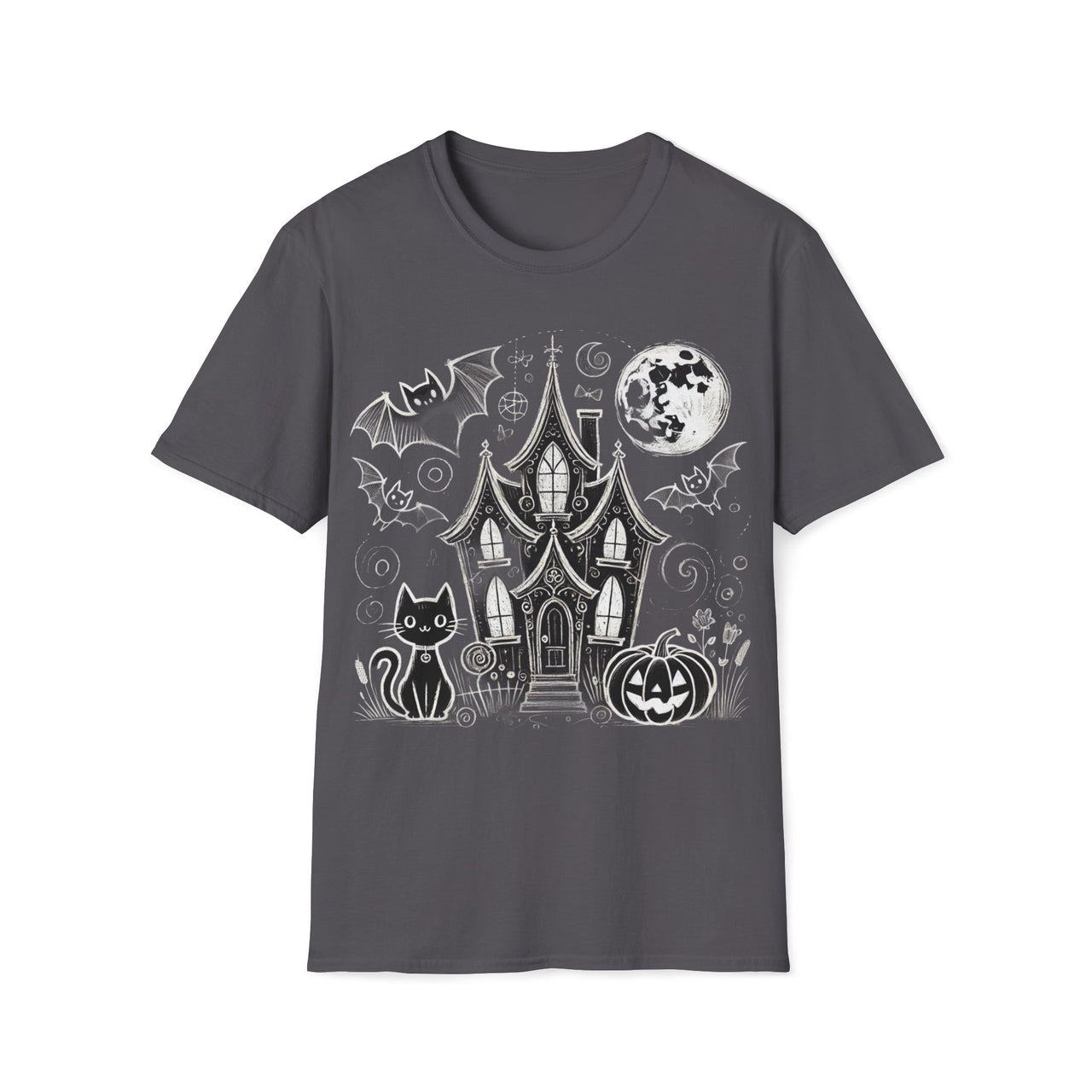 Macabre Threads Charcoal Haunted House T-Shirt – Halloween Ghosts and Bats Tee