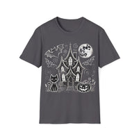 Macabre Threads Charcoal Haunted House T-Shirt – Halloween Ghosts and Bats Tee