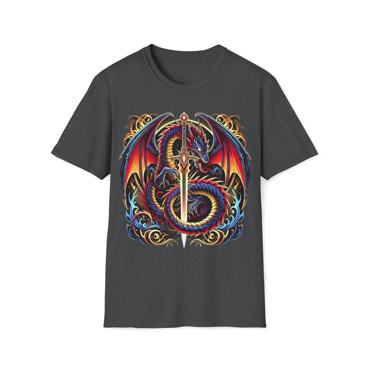 Macabre Threads Dark Heather Arcane Blade T-Shirt – Gothic Dragon Sword Design