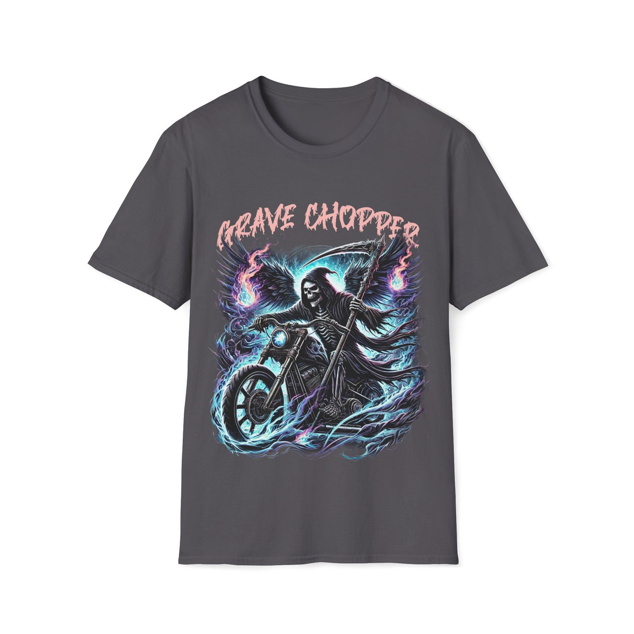 Macabre Threads Charcoal Grave Chopper – Grim Reaper Motorcycle T-Shirt