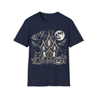 Macabre Threads Navy Haunted House T-Shirt – Halloween Ghosts and Bats Tee