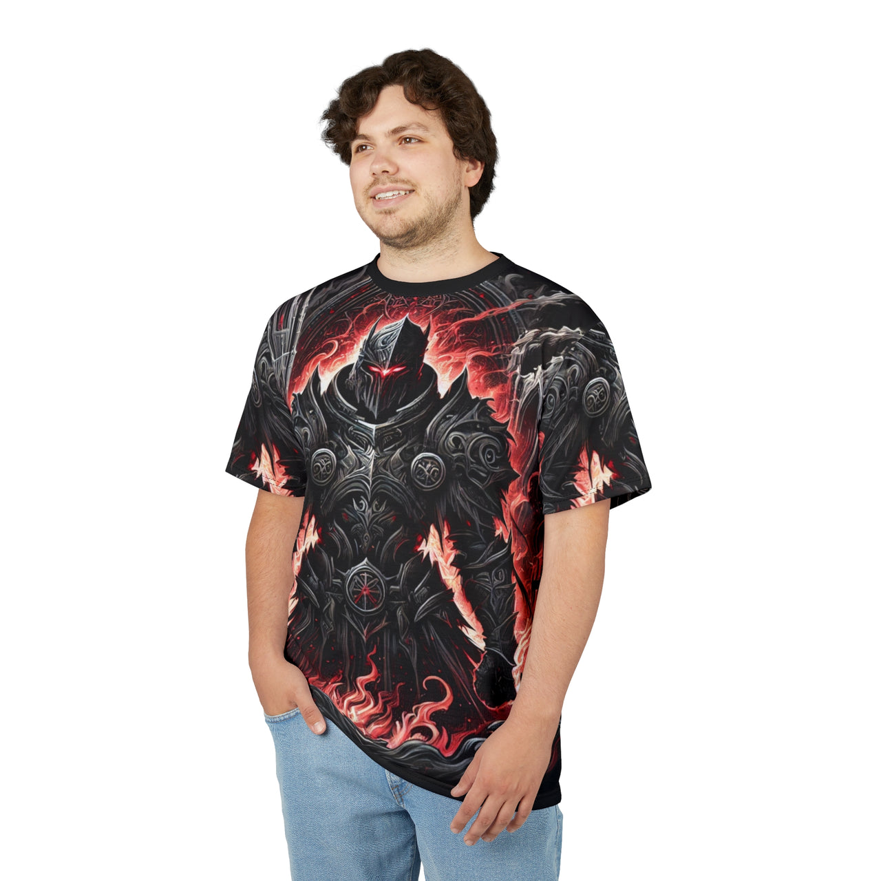 Macabre Threads Ashen Crusader All-Over Print T-Shirt – Armored Knight Inferno Tee