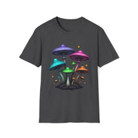 Macabre Threads Dark Heather Mushroom Glow T-Shirt – Neon Psychedelic Fungi Graphic Tee