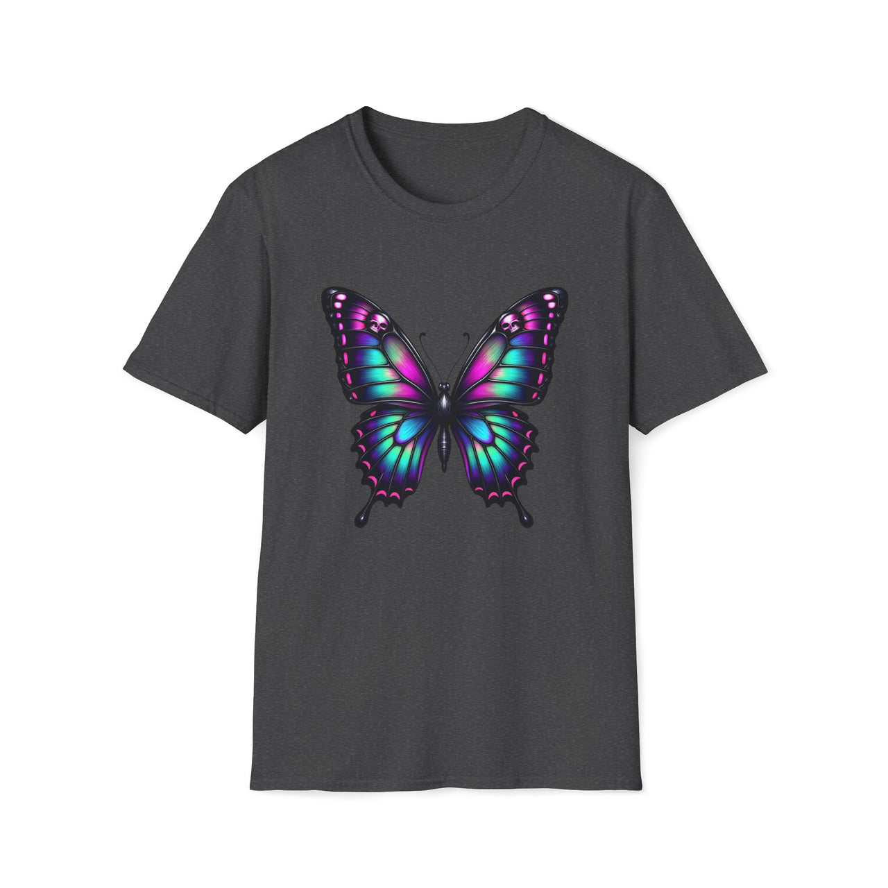 Macabre Threads Dark Heather Psychedelic Butterfly T-Shirt – Gothic Neon Butterfly Graphic Tee