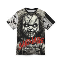 Macabre Threads Black stitching Doll’s Carnage All-Over Print T-Shirt – Horror Doll Nightmare Tee