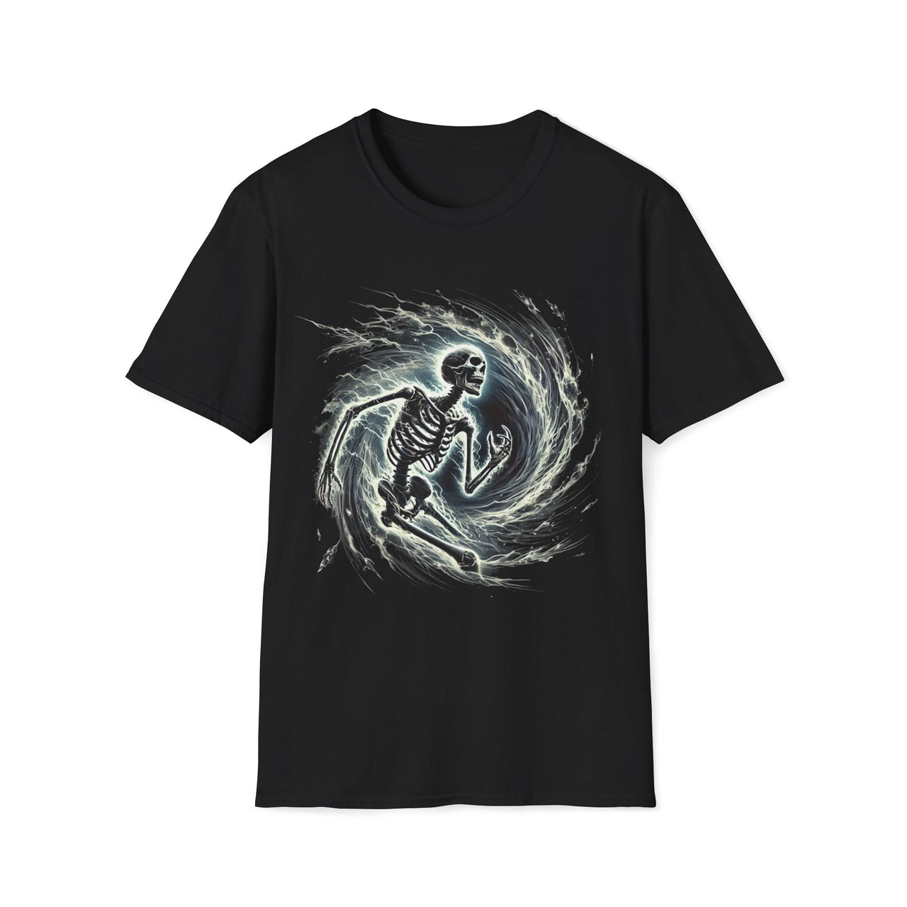 Macabre Threads Black Vortex Revenant T-Shirt – Gothic Skeleton in Swirling Energy