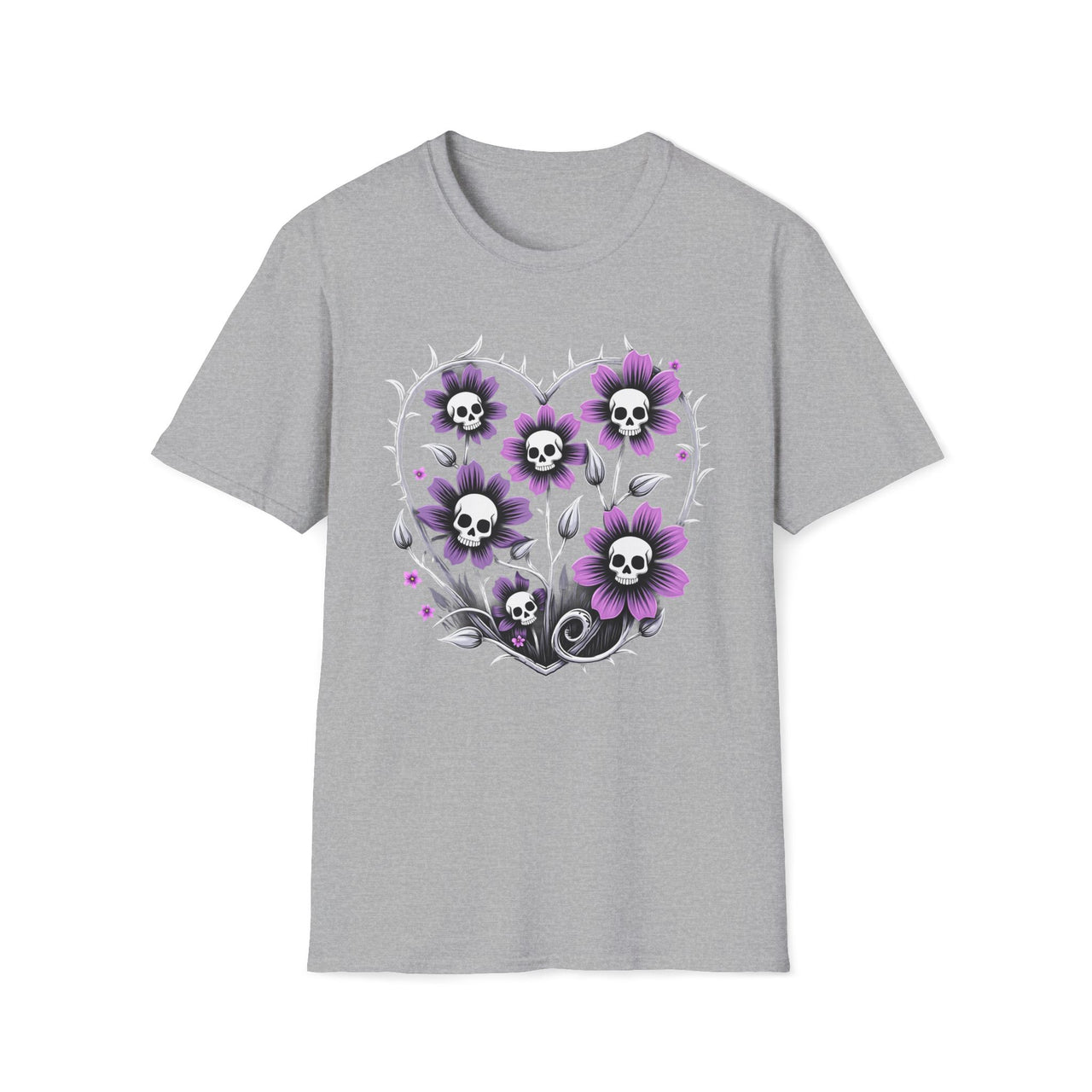 Macabre Threads Sport Grey Grim Blooms – Skull Flower T-Shirt