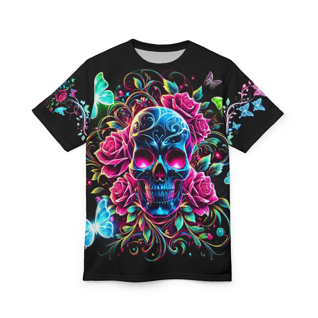 Macabre Threads Black stitching Garden of Doom All-Over Print T-Shirt – Neon Skull & Rose Garden Tee