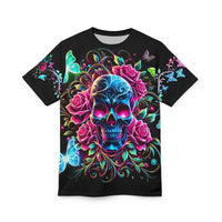 Macabre Threads Black stitching Garden of Doom All-Over Print T-Shirt – Neon Skull & Rose Garden Tee