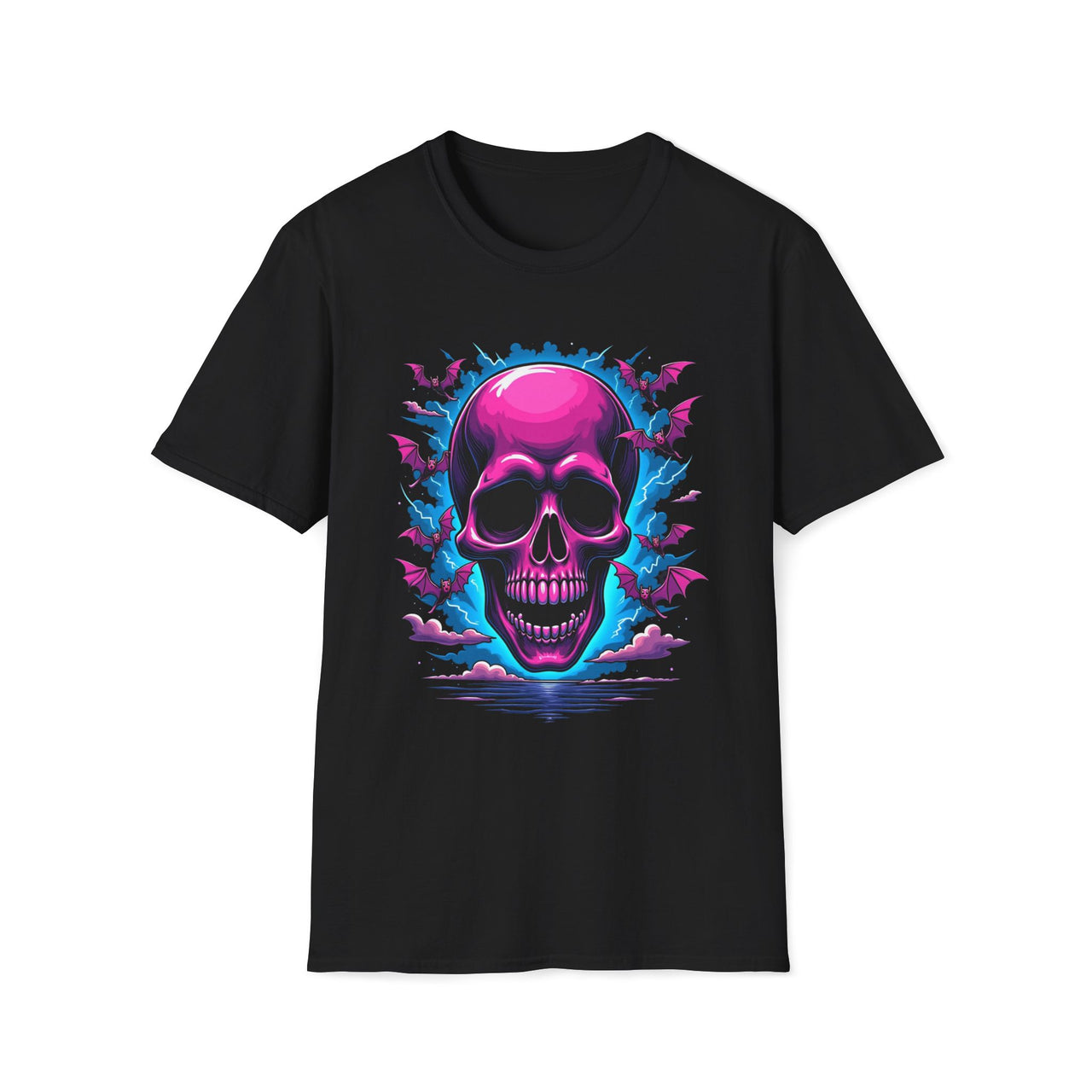 Macabre Threads Black Bat Swirl Skull T Shirt – Neon Gothic Bat Skull Tee