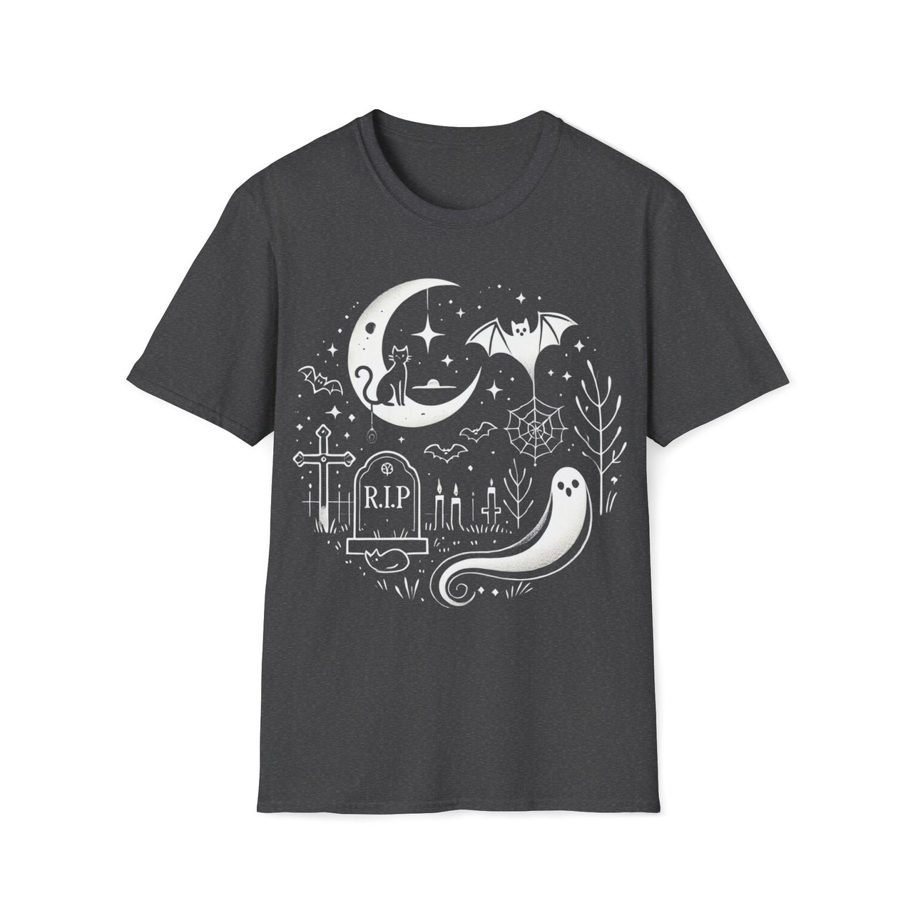Macabre Threads Dark Heather Graveyard T-Shirt | Whimsical Halloween Ghost Tee