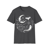 Macabre Threads Dark Heather Graveyard T-Shirt | Whimsical Halloween Ghost Tee
