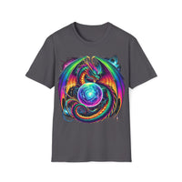 Macabre Threads Charcoal Celestial Fury T-Shirt – Gothic Dragon Cosmic Orb Design