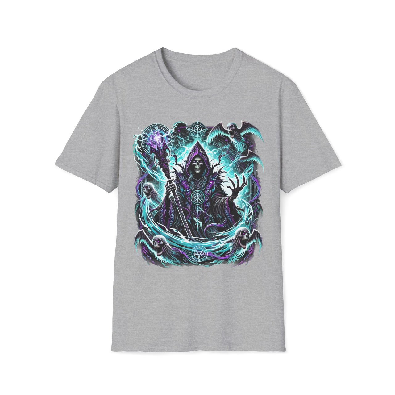 Macabre Threads Sport Grey Spectral Sovereign – Grim Reaper Sorcerer T-Shirt