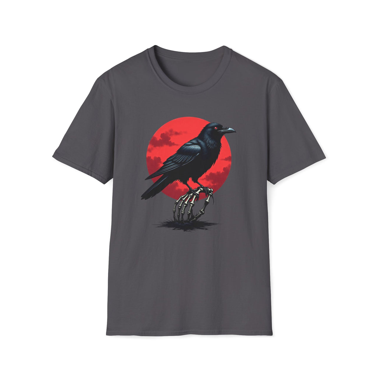 Macabre Threads Charcoal Raven Twilight T-Shirt – Gothic Raven and Red Moon Graphic Tee