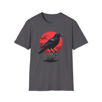 Macabre Threads Charcoal Raven Twilight T-Shirt – Gothic Raven and Red Moon Graphic Tee