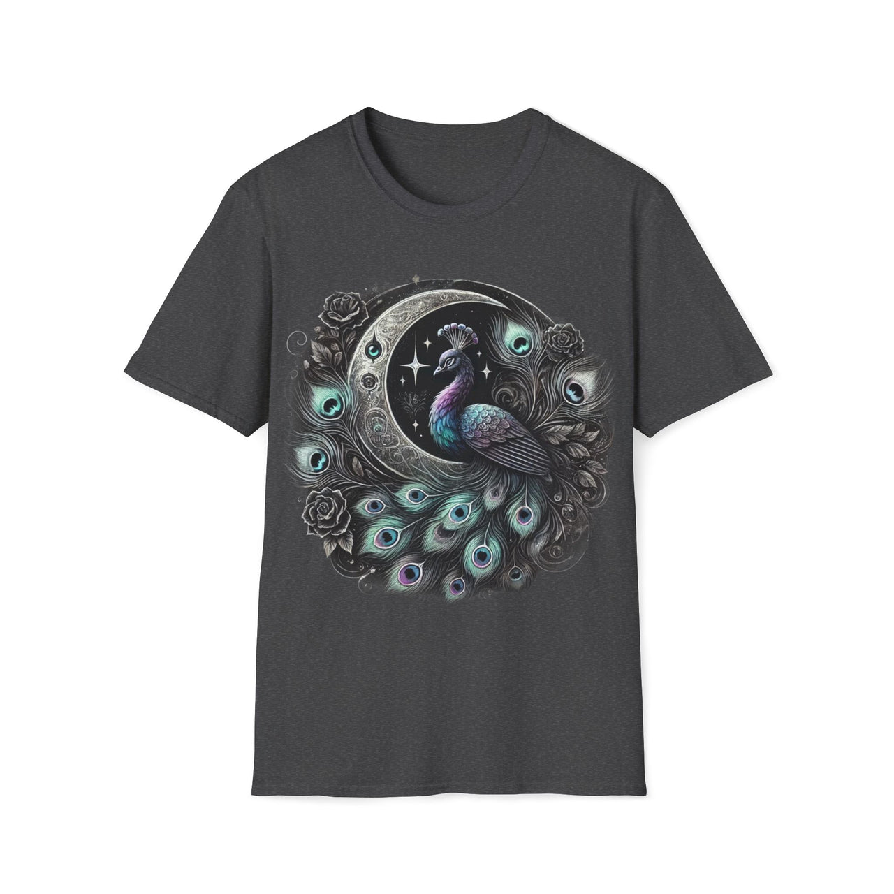 Macabre Threads Dark Heather Gilded Nocturn – Gothic Peacock Moon T-Shirt