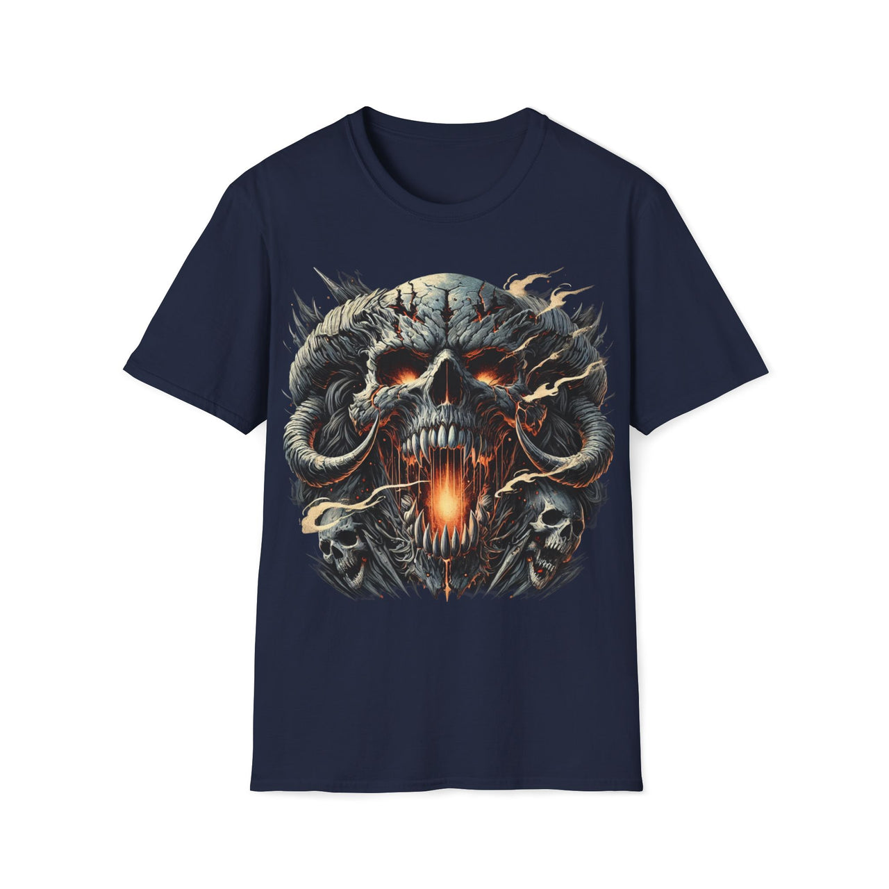 Macabre Threads Navy Infernal Maw – Fiery Skull T-Shirt