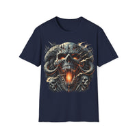 Macabre Threads Navy Infernal Maw – Fiery Skull T-Shirt