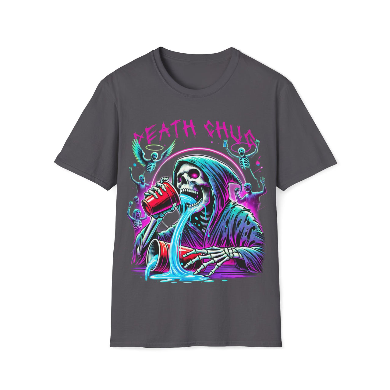 Macabre Threads Charcoal Death Chug – Grim Reaper Party T-Shirt