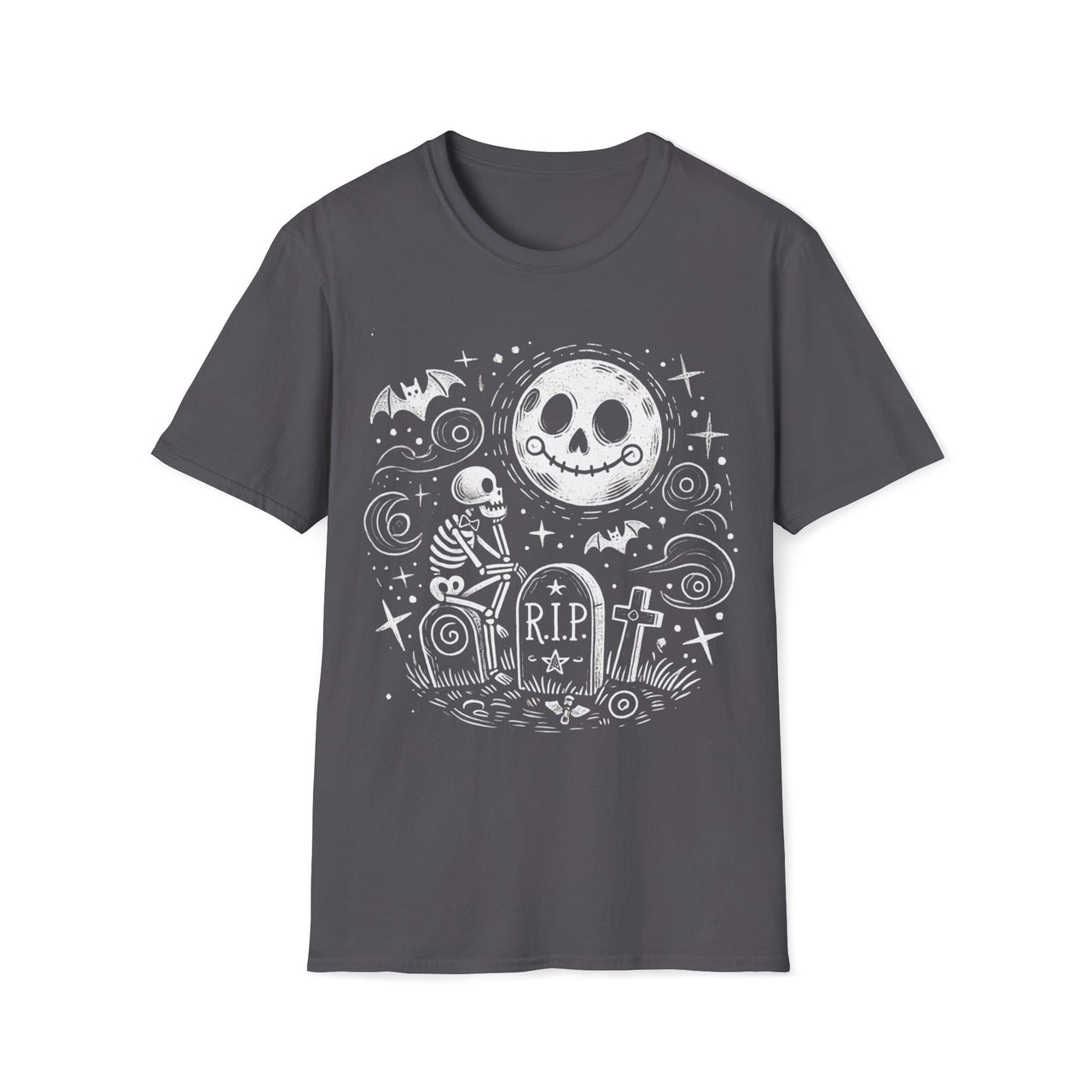 Macabre Threads Charcoal Moonlit Vigil T-Shirt – Whimsical Gothic Skeleton and Moon Design