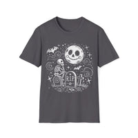 Macabre Threads Charcoal Moonlit Vigil T-Shirt – Whimsical Gothic Skeleton and Moon Design