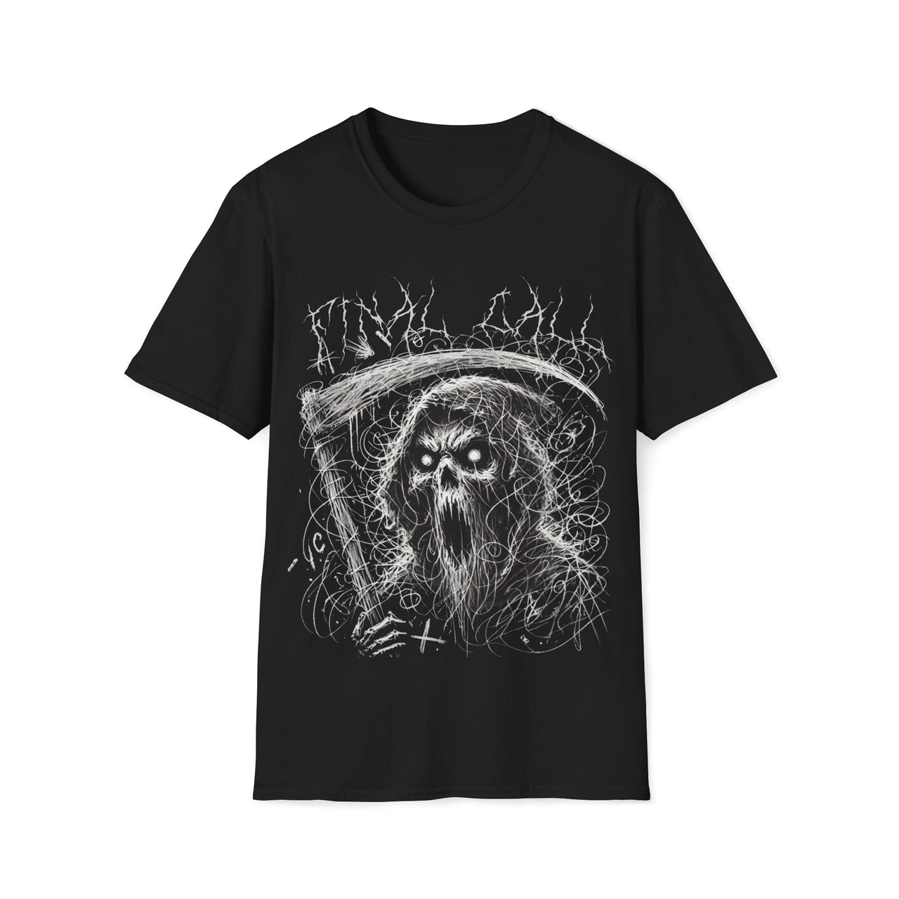 Macabre Threads Black Final Call – Chaotic Sketch Reaper Tee