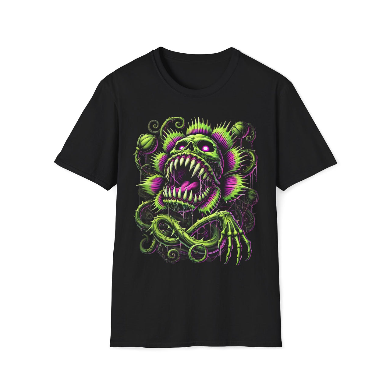 Macabre Threads Black Gravevine Maw T-Shirt – Neon Skull Plant Monster Design