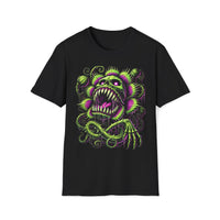 Macabre Threads Black Gravevine Maw T-Shirt – Neon Skull Plant Monster Design