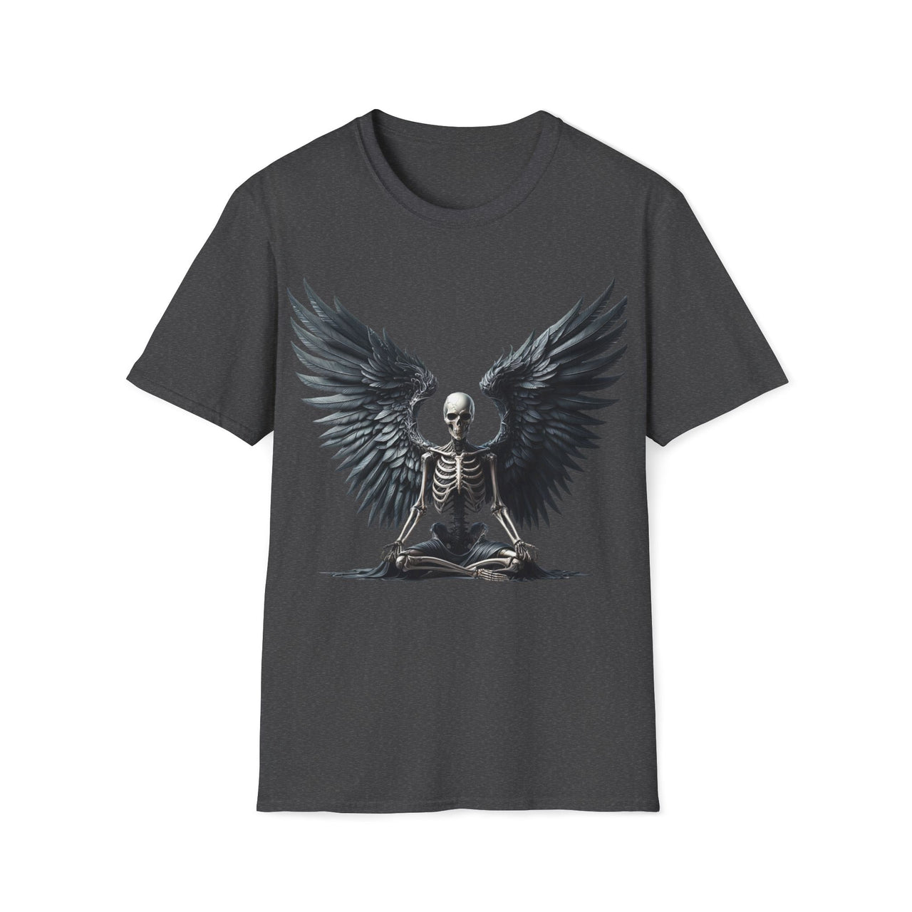 Macabre Threads Dark Heather Meditative Grace T-Shirt – Skeleton Angel with Wings Design