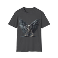 Macabre Threads Dark Heather Meditative Grace T-Shirt – Skeleton Angel with Wings Design