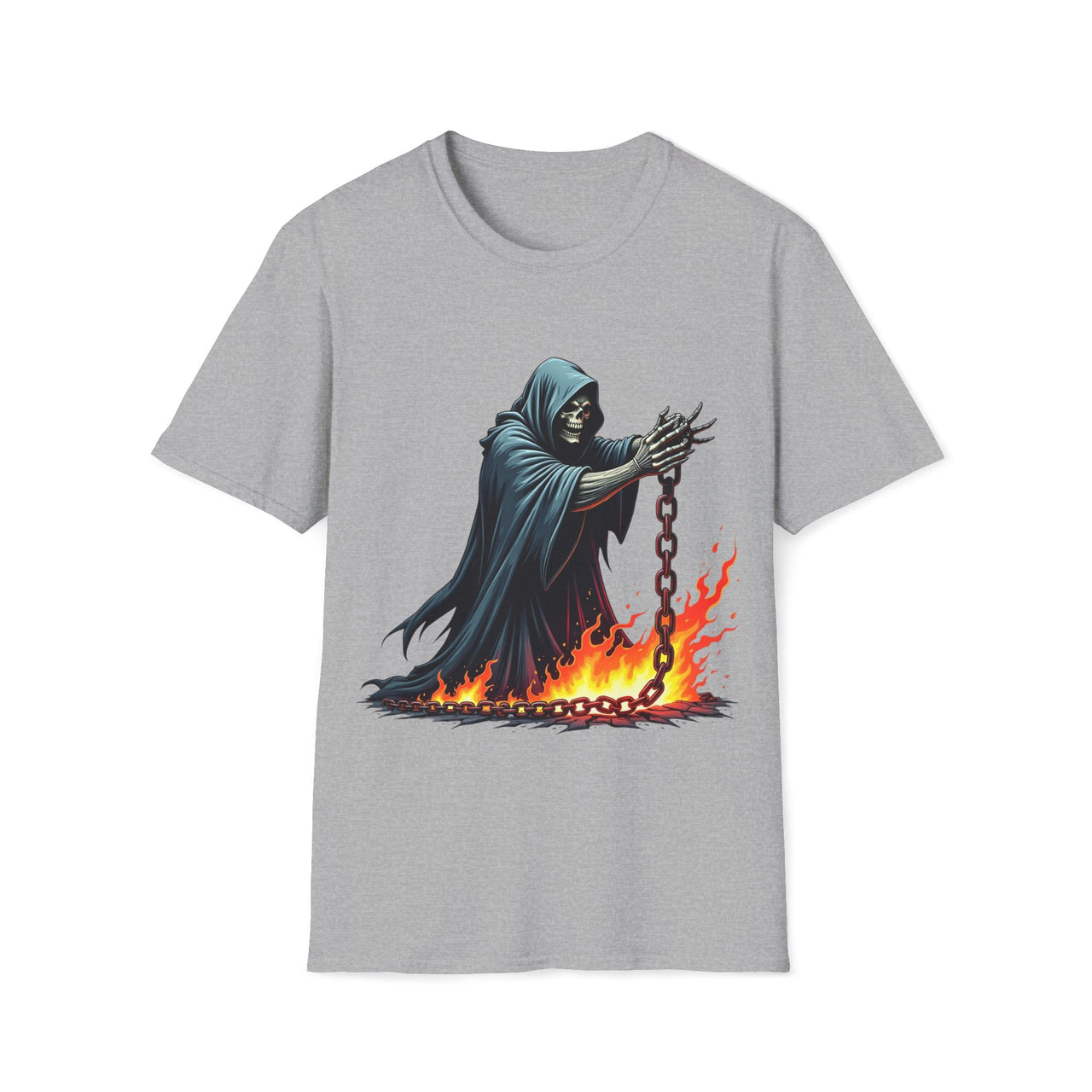 Macabre Threads Sport Grey Fiery Reaper – Chains of Flame T-Shirt