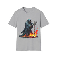 Macabre Threads Sport Grey Fiery Reaper – Chains of Flame T-Shirt