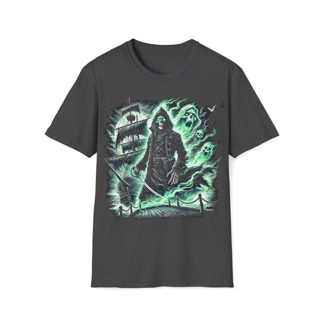 Macabre Threads Dark Heather Ghostwake – Grim Reaper T-Shirt With Ghost Ship