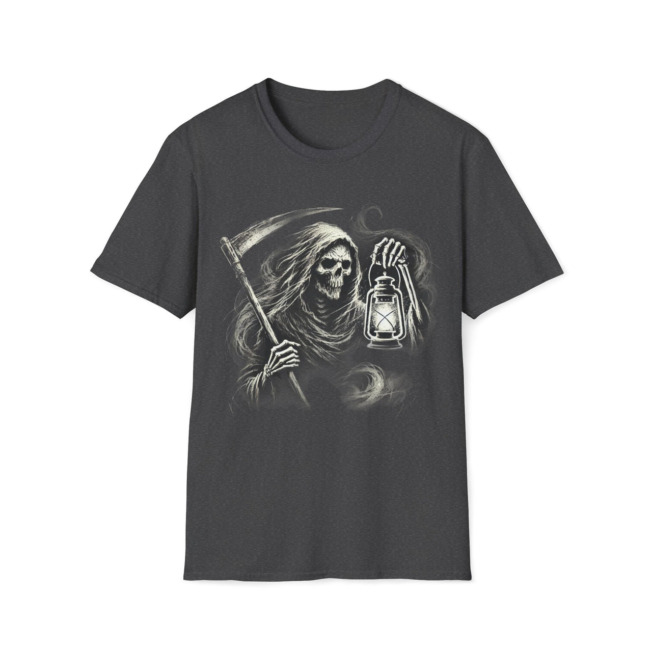 Macabre Threads Dark Heather Lantern of Dread – Grim Reaper T-Shirt With Lantern