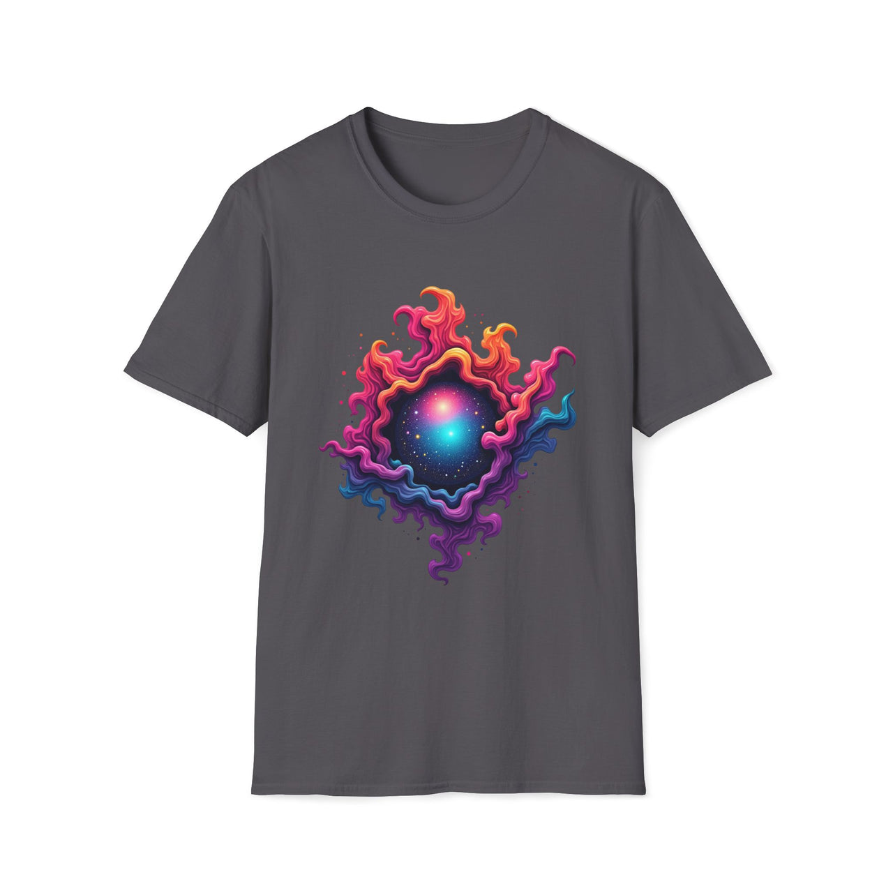 Macabre Threads Charcoal Mystic Swirl T-Shirt – Cosmic Energy Vortex Graphic Tee