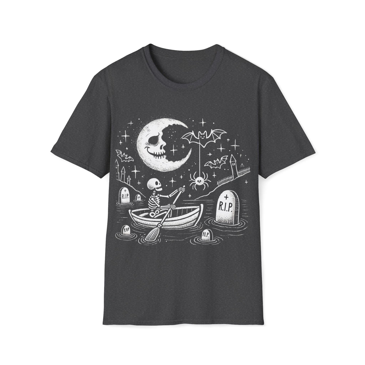 Macabre Threads Dark Heather Graveyard Drift T-Shirt – Whimsical Gothic Skeleton Boat Design